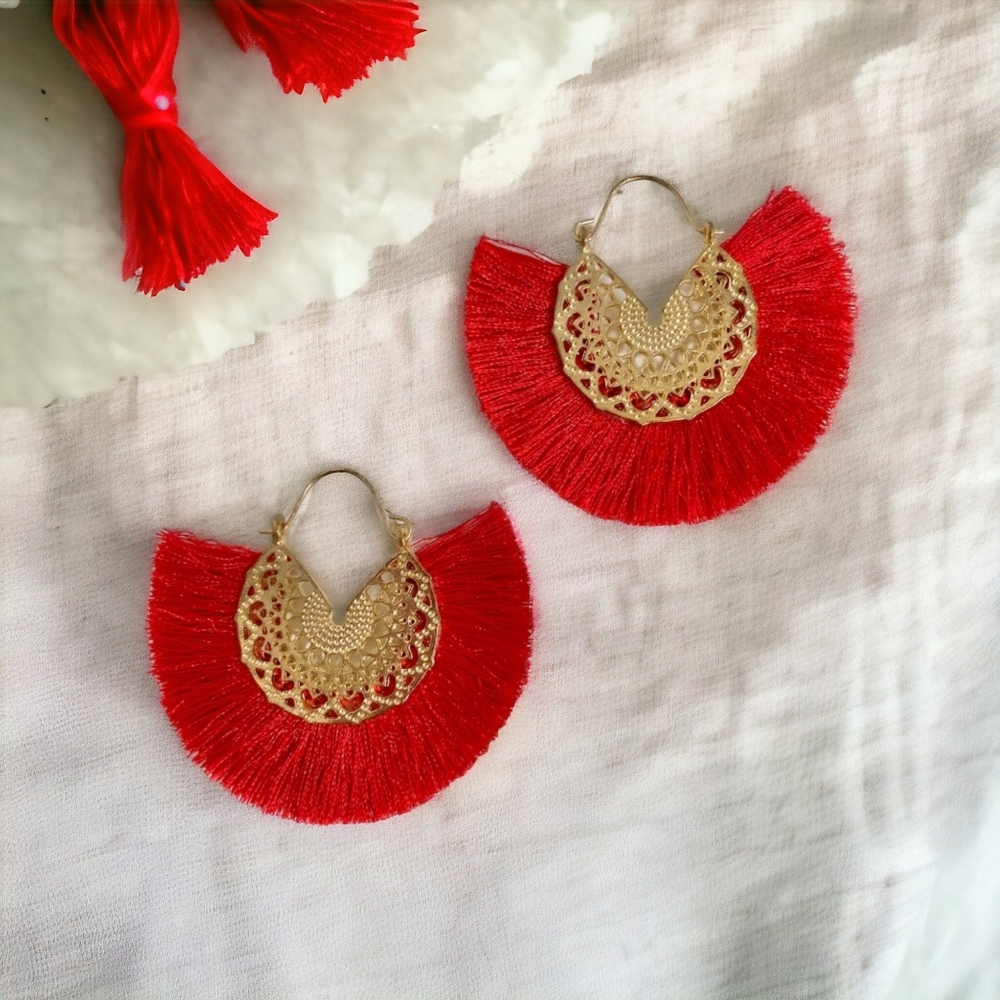 New! Bohemian Red & Gold Fan Tassle Earrings